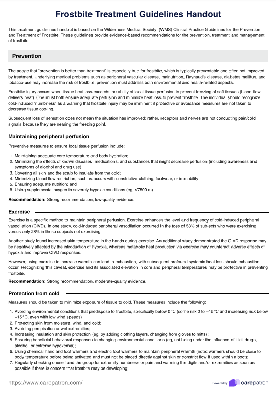 Frostbite Treatment Guidelines Handout PDF Example