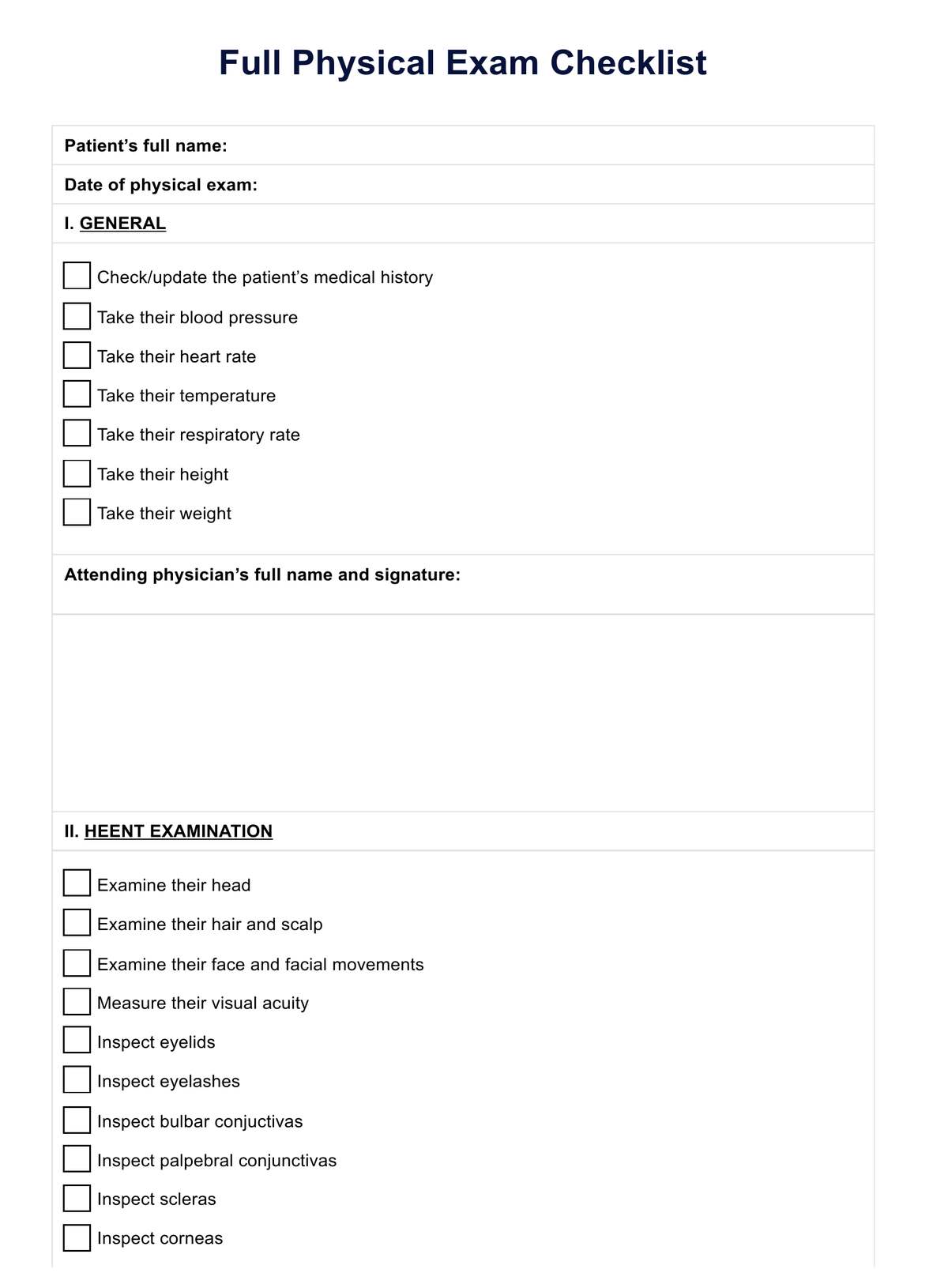 Full Physical Exam Checklist PDF Example