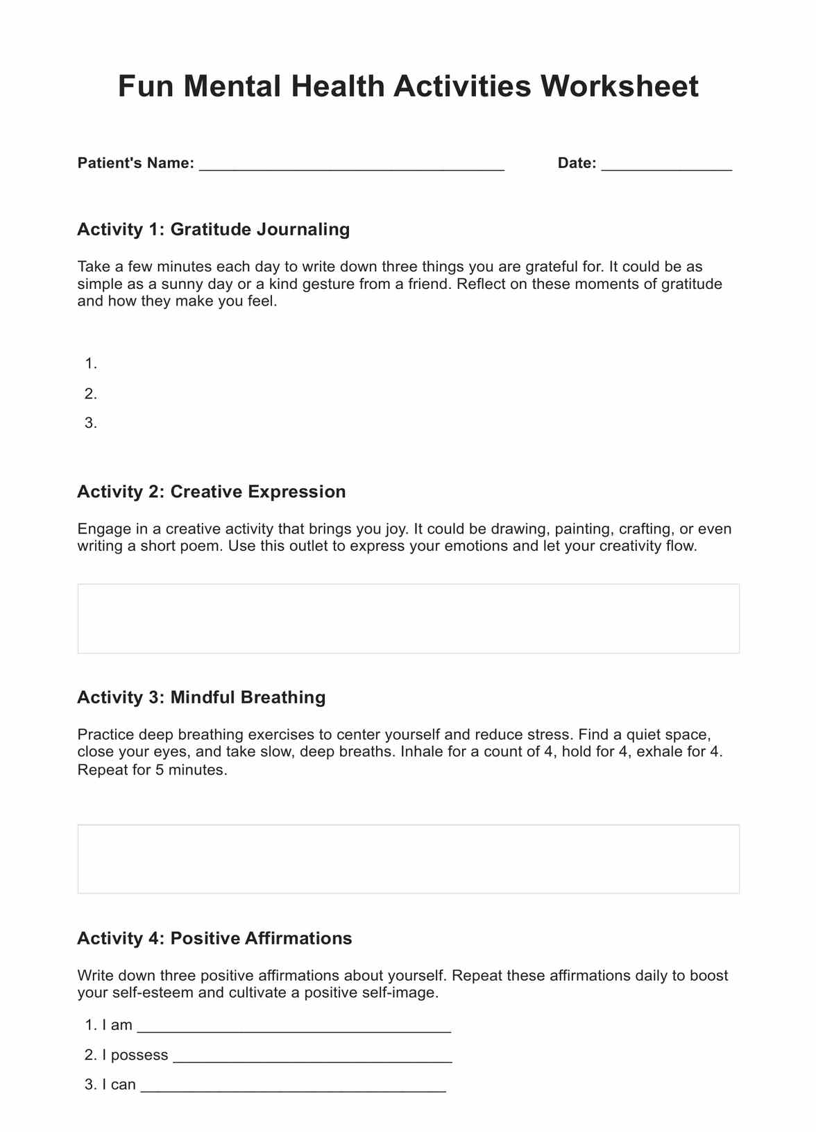Fun Mental Health Activities Worksheet PDF Example