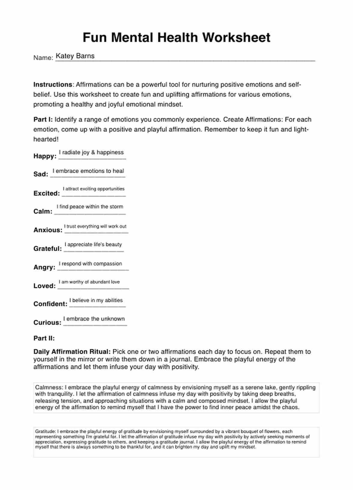 Fun Mental Health Worksheets PDF Example