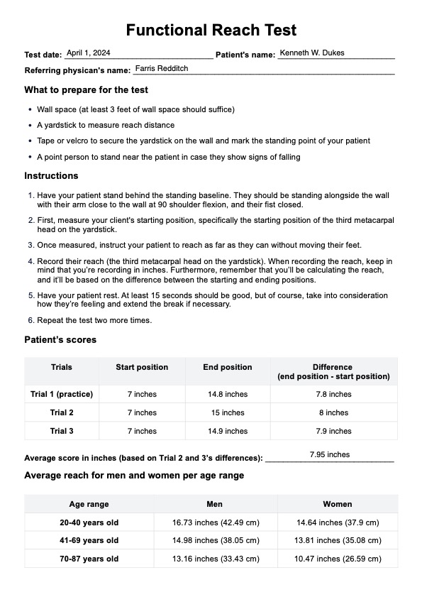 Functional Reach Test PDF Example