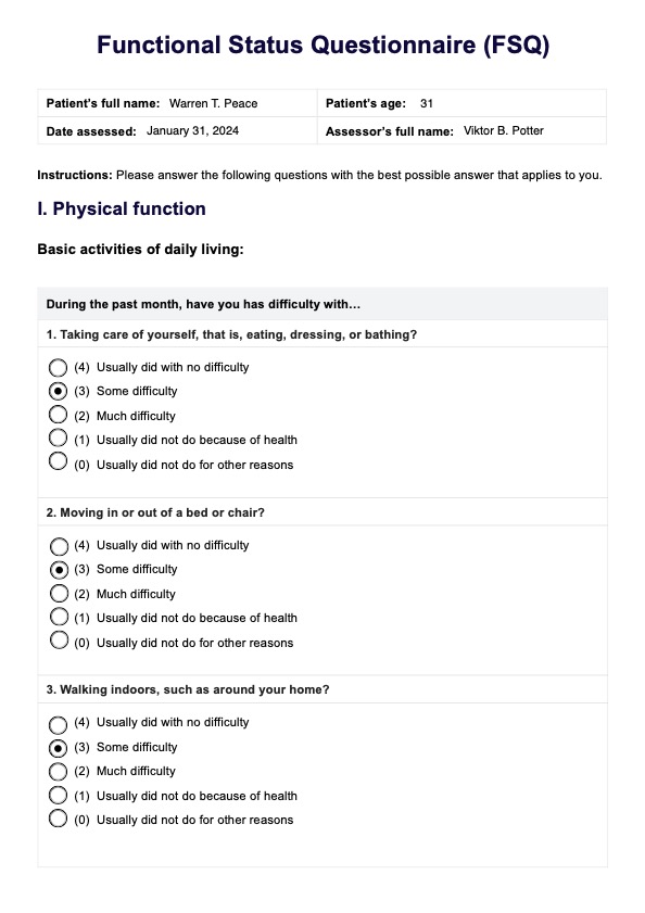 Functional Status Questionnaire PDF Example