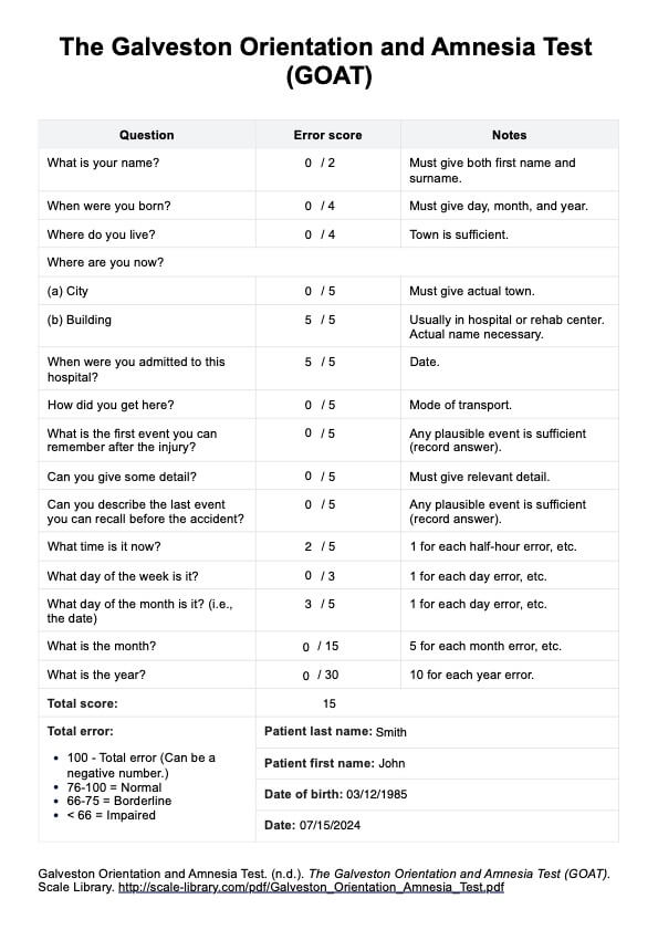 Galveston Orientation and Amnesia Test (GOAT) PDF Example