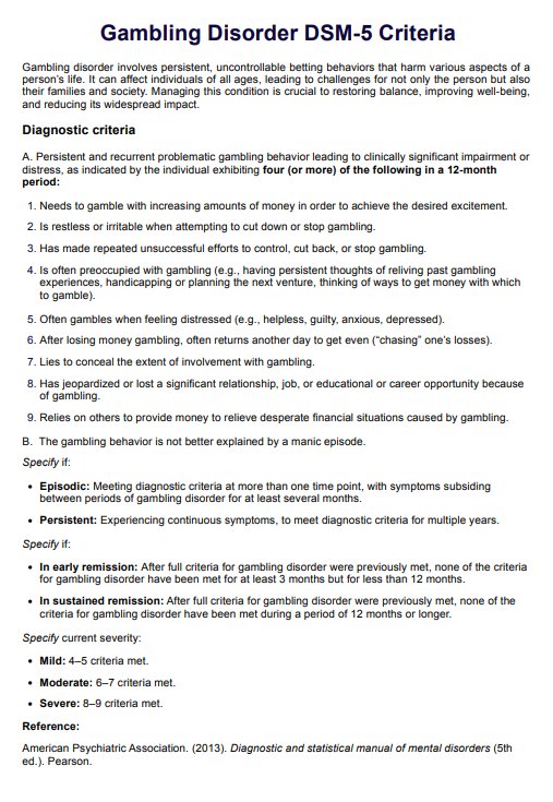 Gambling Disorder DSM-5 Criteria PDF Example