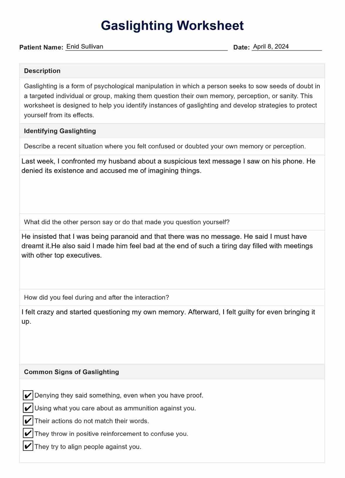 Gaslighting Worksheet PDF Example