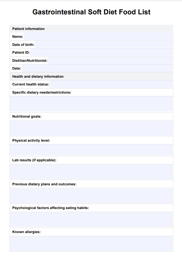 Gastrointestinal Soft Diet Food List PDF Example