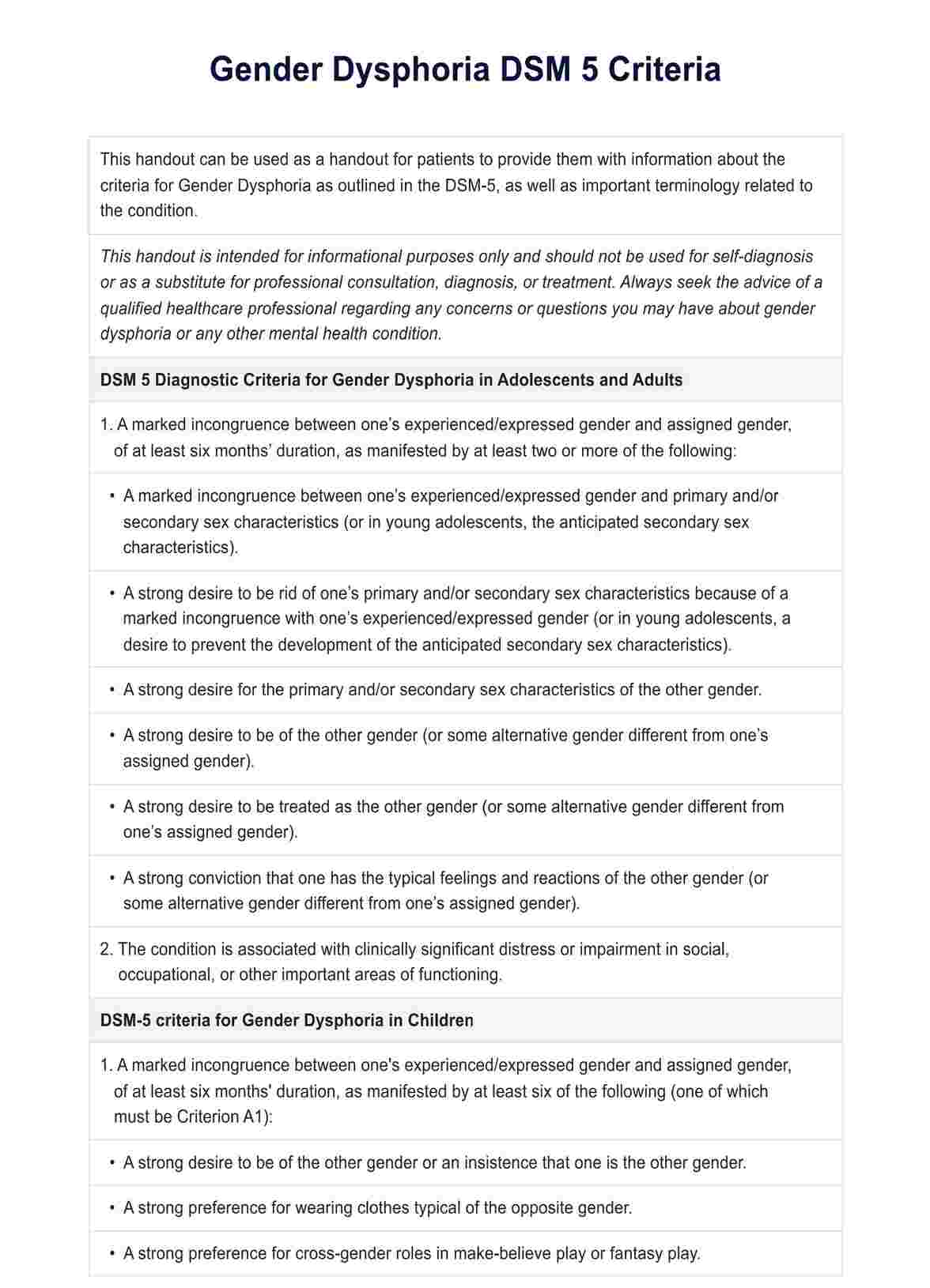 Gender Dysphoria DSM 5 Criteria PDF Example