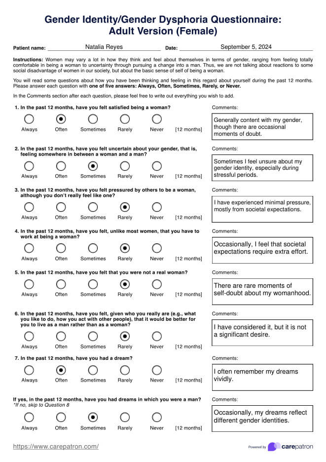 Cuestionario sobre disforia de género PDF Example