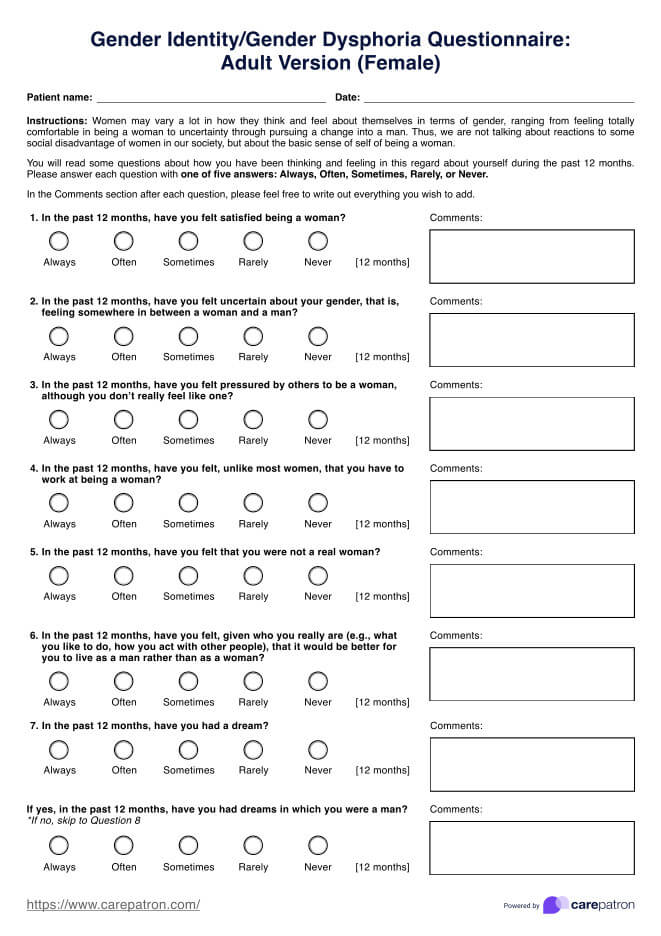 Cuestionario sobre disforia de género PDF Example