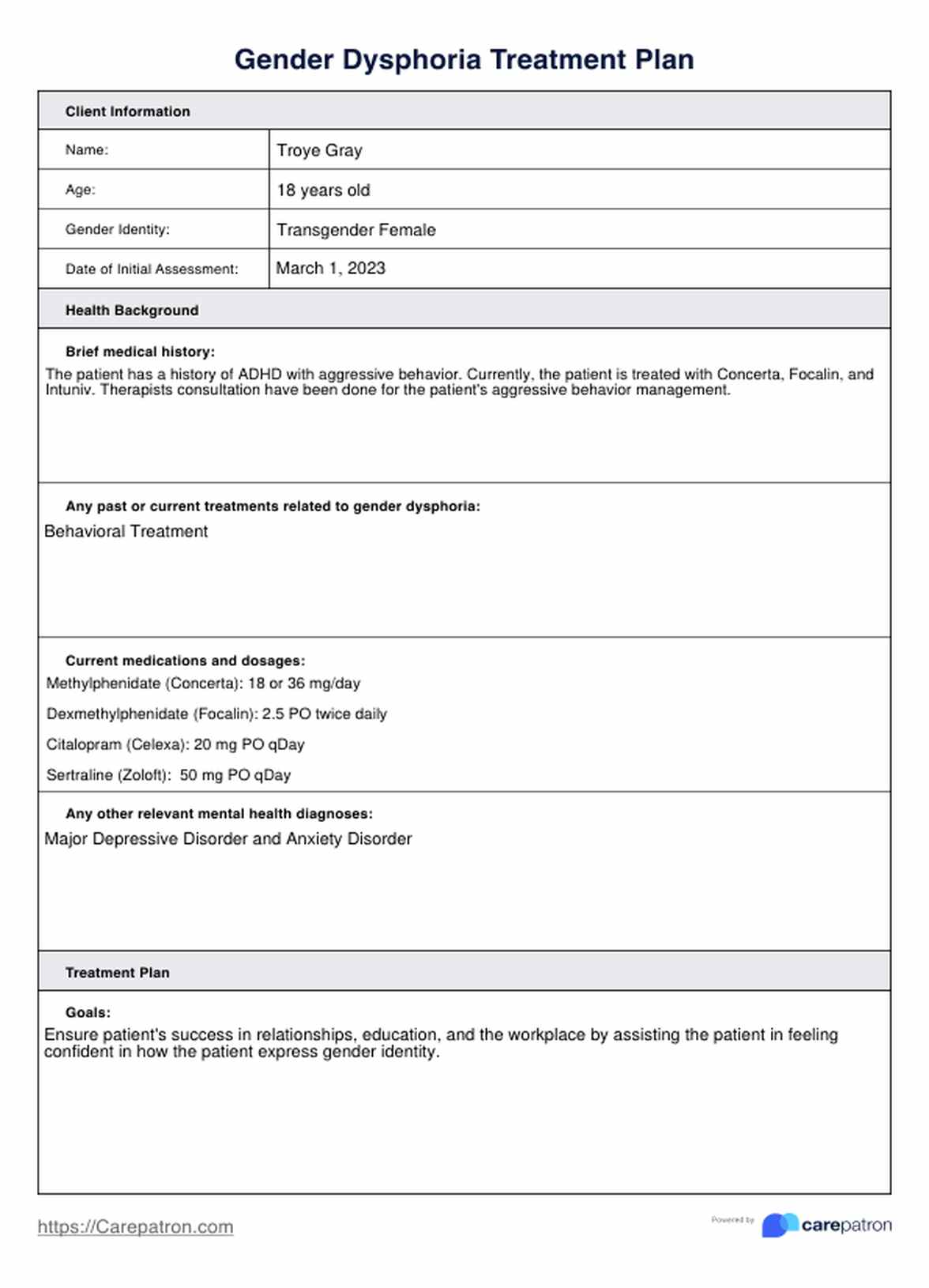 Gender Dysphoria Treatment Plans PDF Example
