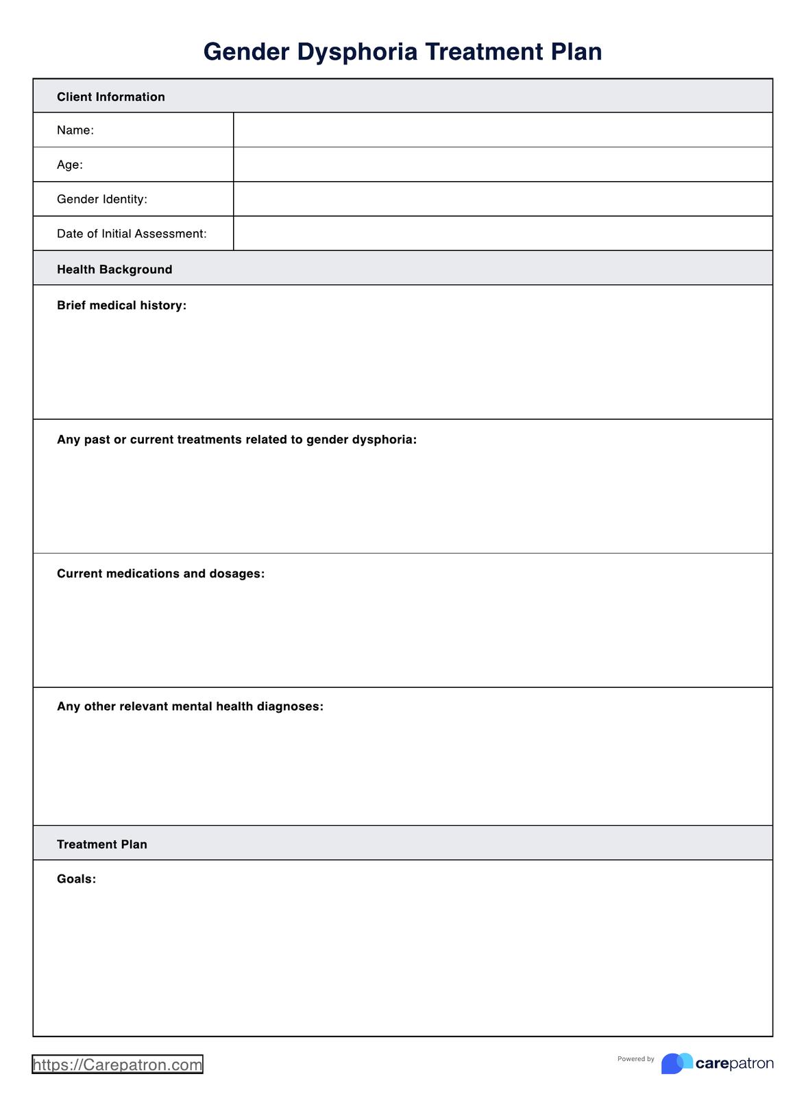 Gender Dysphoria Treatment Plans PDF Example