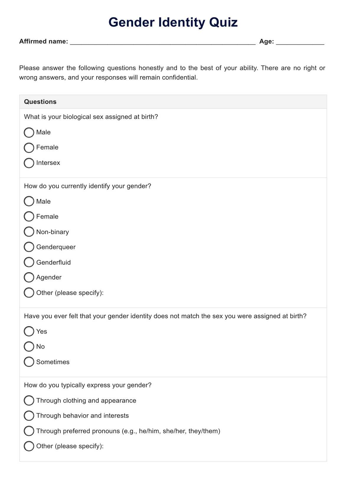 Gender Identity Quiz PDF Example