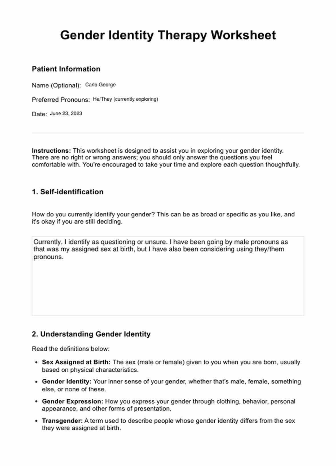 Gender Identity Therapy Worksheet PDF Example