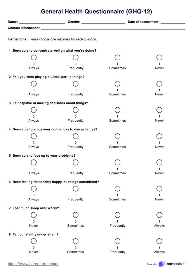 Spørreskjema om generell helse (GHQ-12) PDF Example