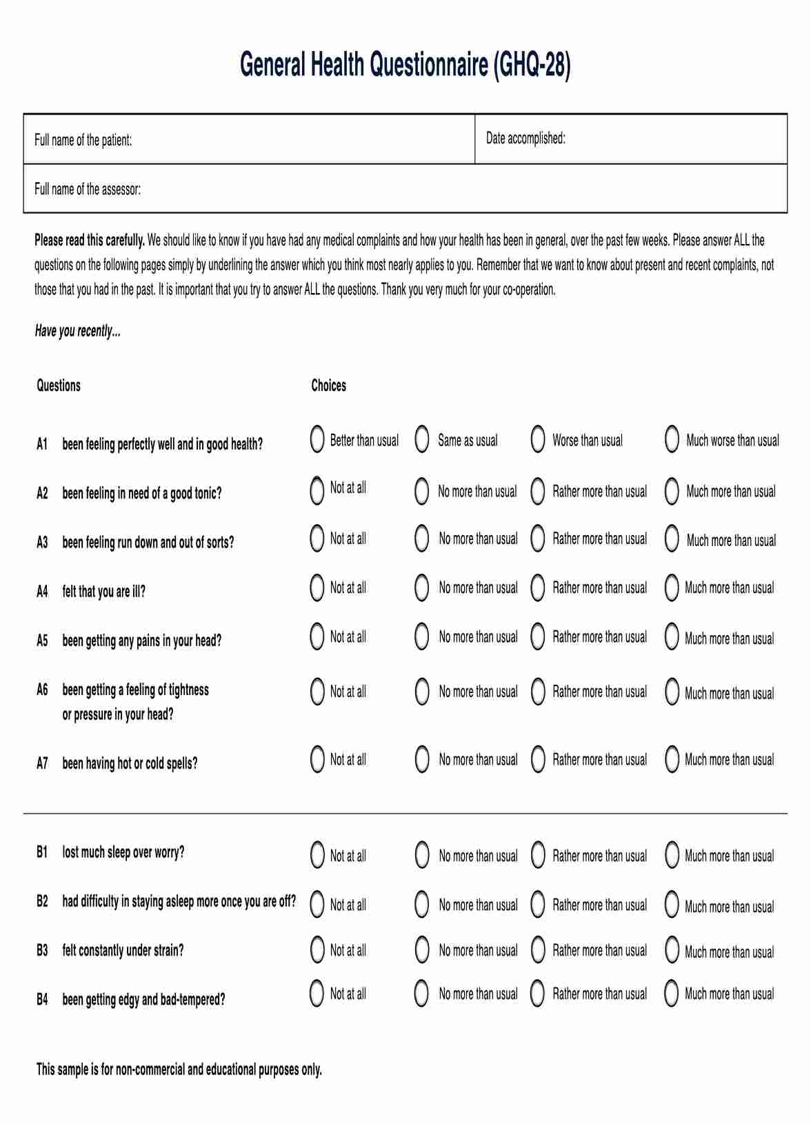 General Health Questionnaire (GHQ-12) PDF Example