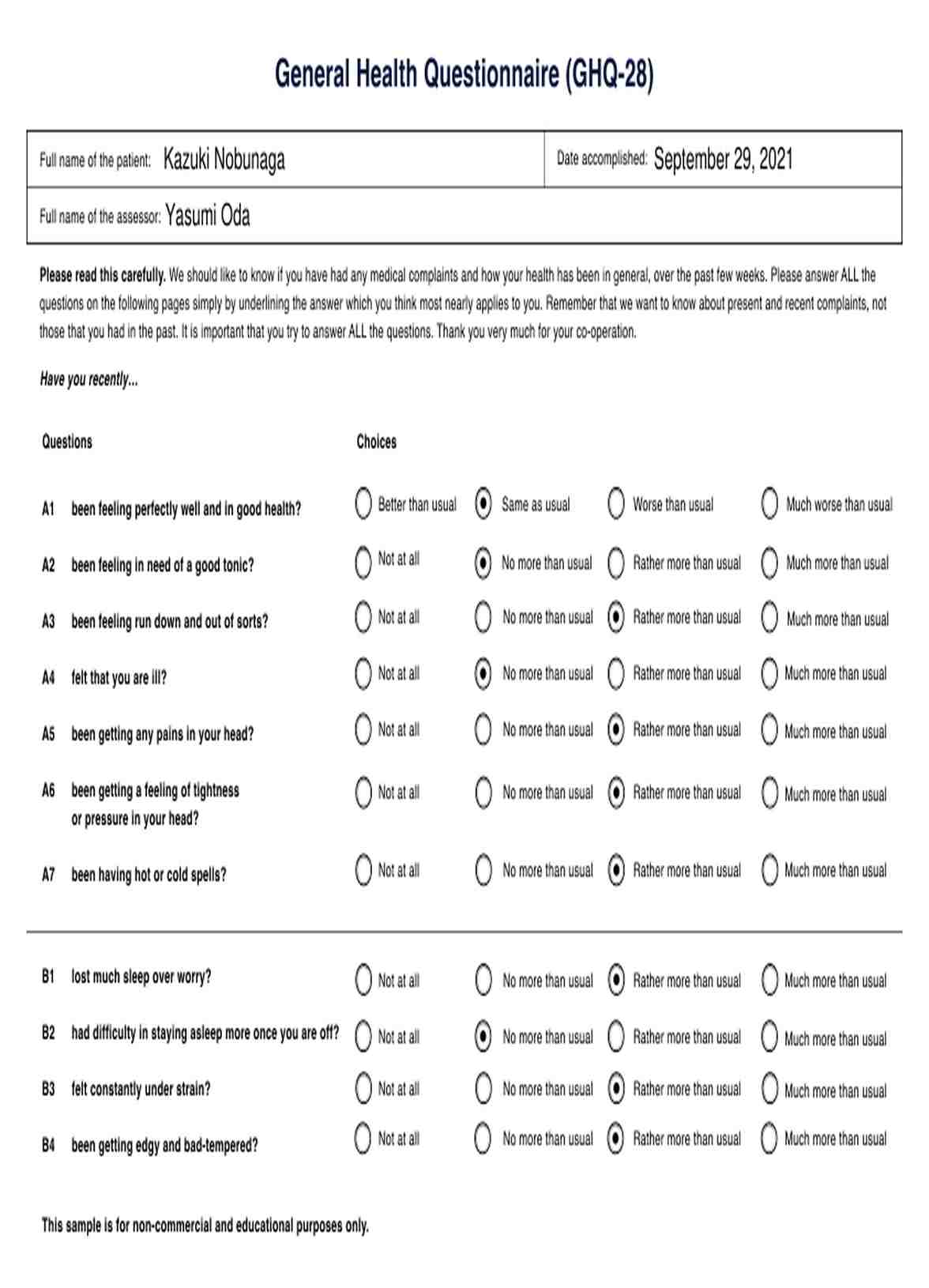 General Health Questionnaire (GHQ-28) PDF Example