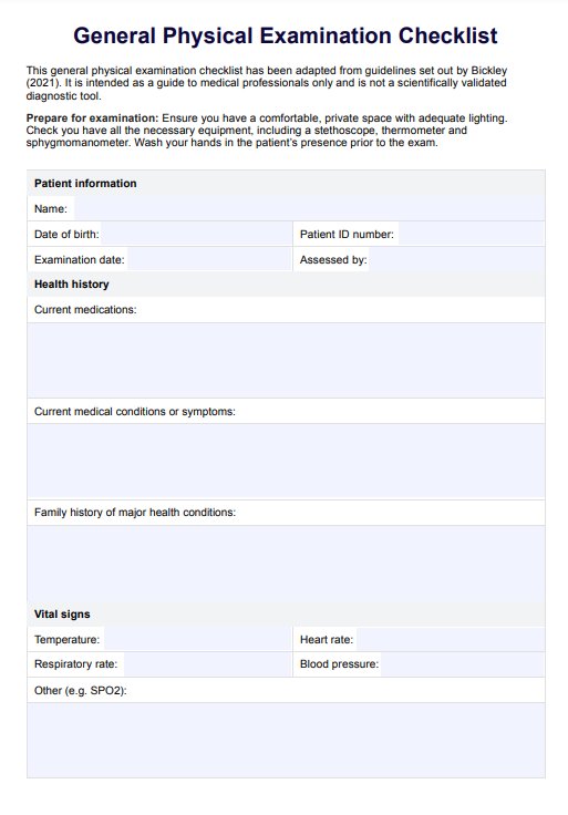 General Physical Examination Checklist PDF Example