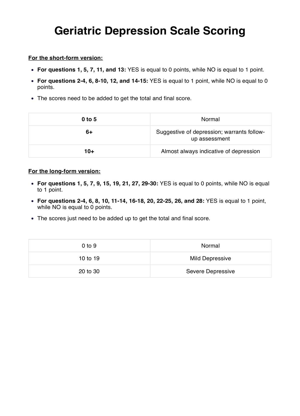 Geriatric Depression Scale Scoring PDF Example
