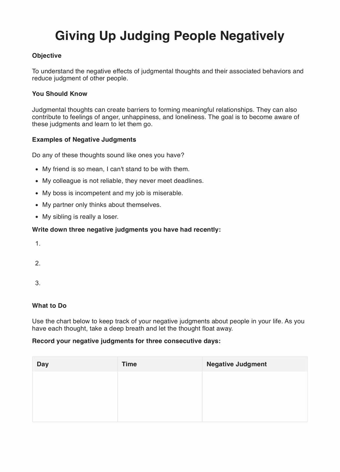 Giving Up Judging People Negatively DBT Worksheet PDF Example