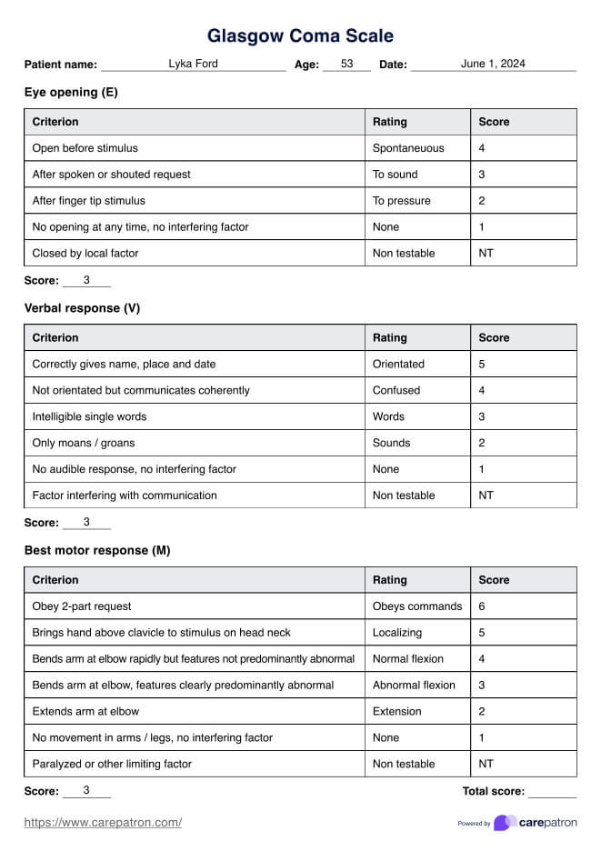 مقياس غلاسكو للغيبوبة PDF Example