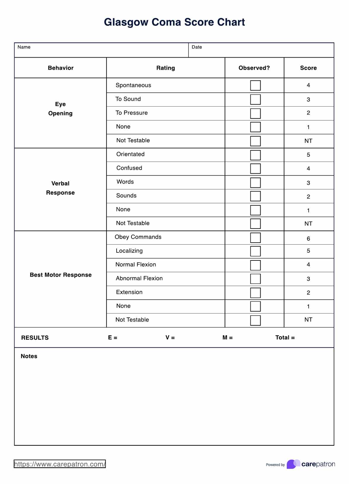 Glasgow Coma Scale Score Chart PDF Example