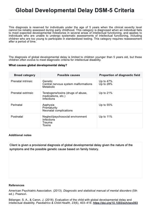 Global Developmental Delay DSM-5 Criteria PDF Example