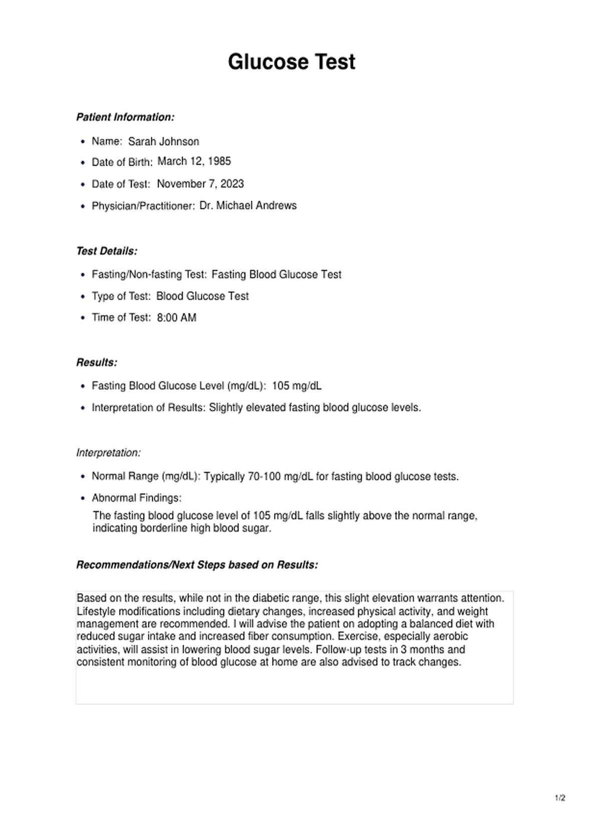 Glucose Test PDF Example