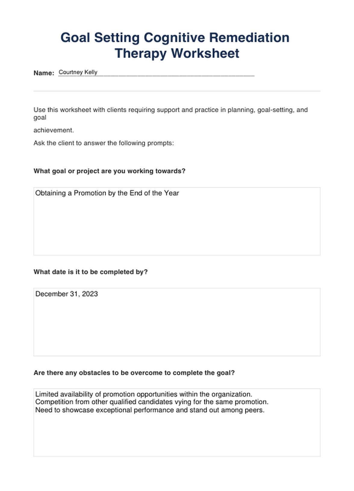 Goal Setting Cognitive Remediation Therapy Worksheet PDF Example