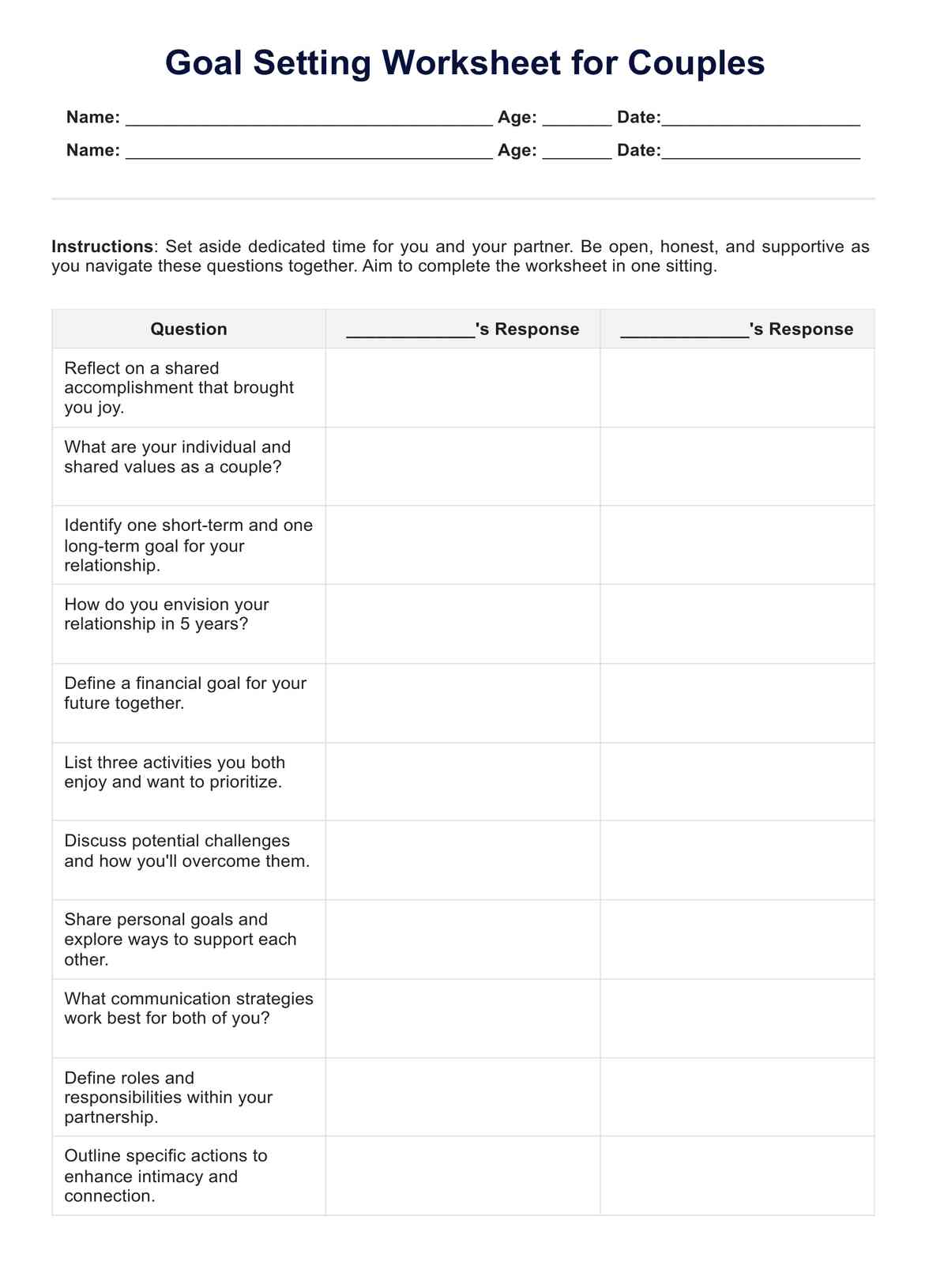 Goal Setting for Couples Worksheet PDF Example