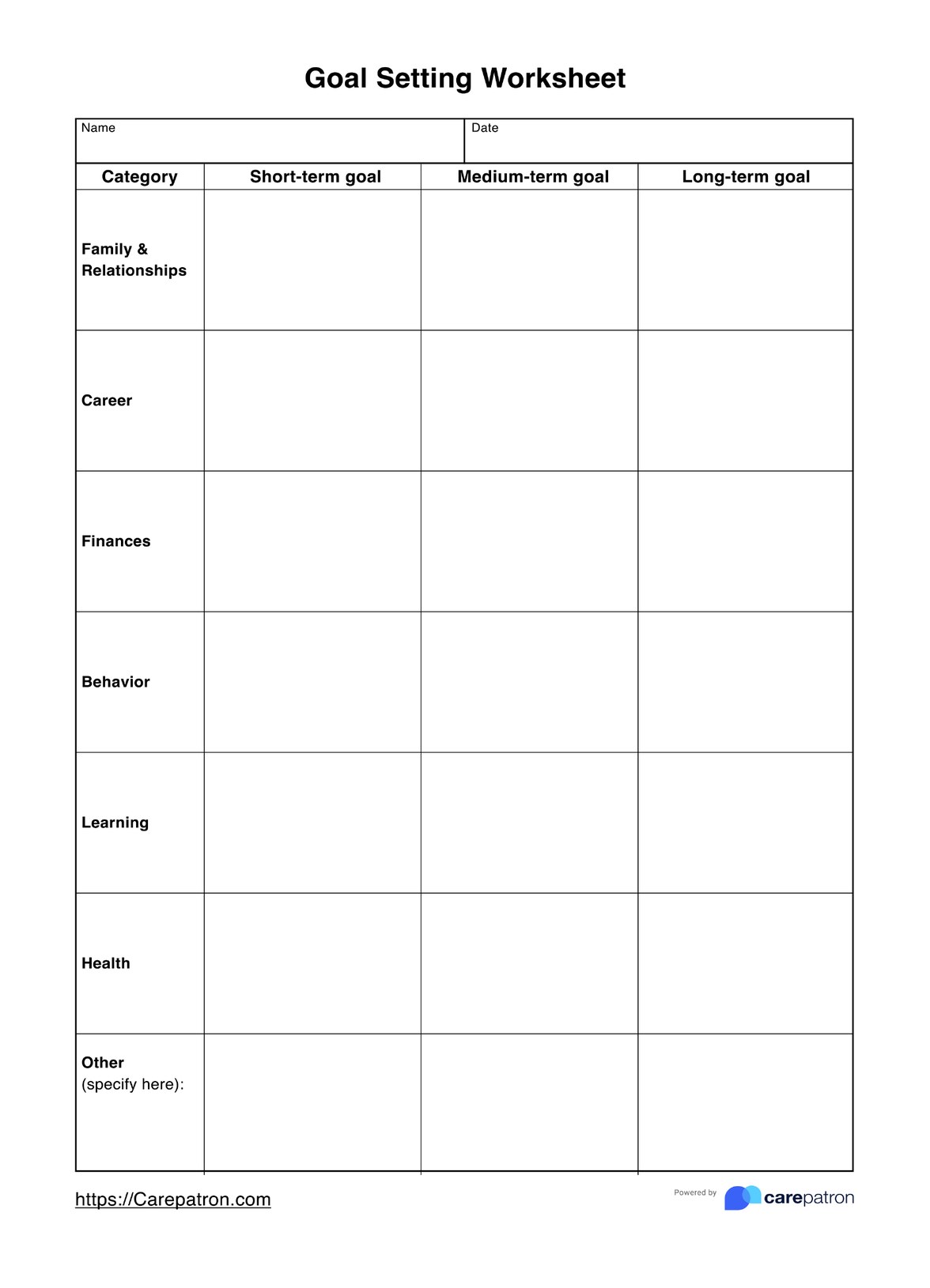 Goal Setting Worksheets PDF Example