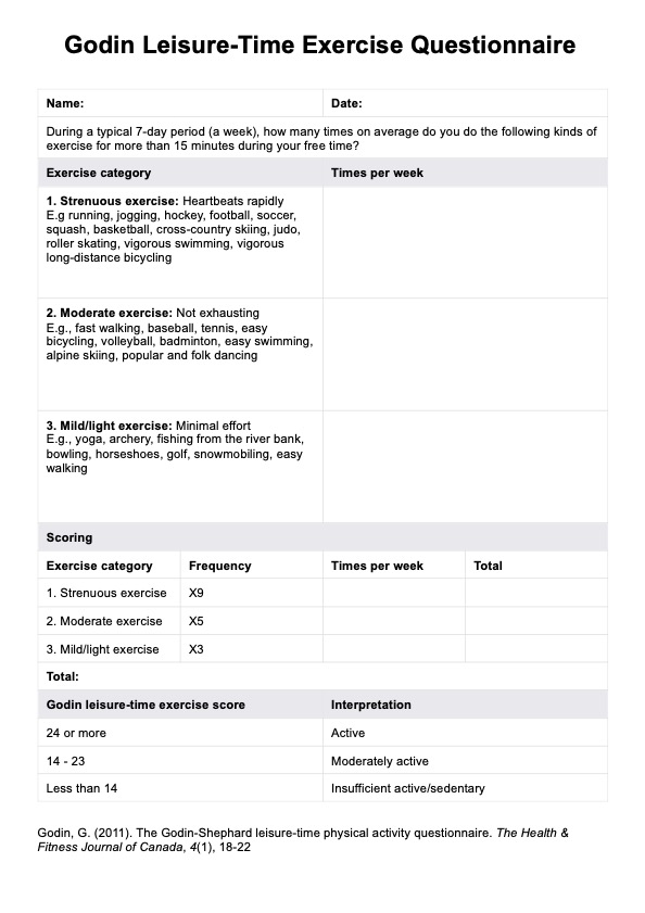 Godin Leisure-Time Exercise Questionnaire PDF Example