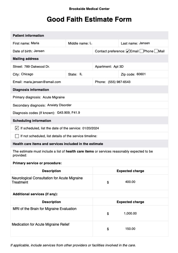 Ejemplo de estimación de costo de tratamientos médicos de buena fé PDF Example