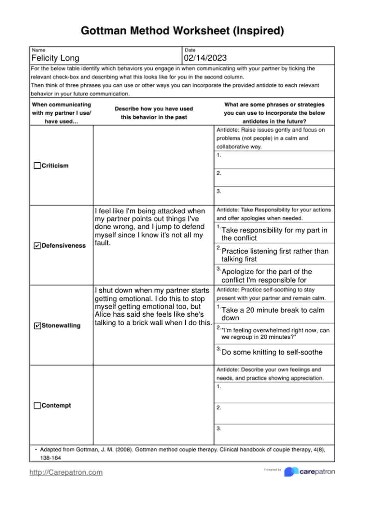 Gottman Method Worksheets PDF Example