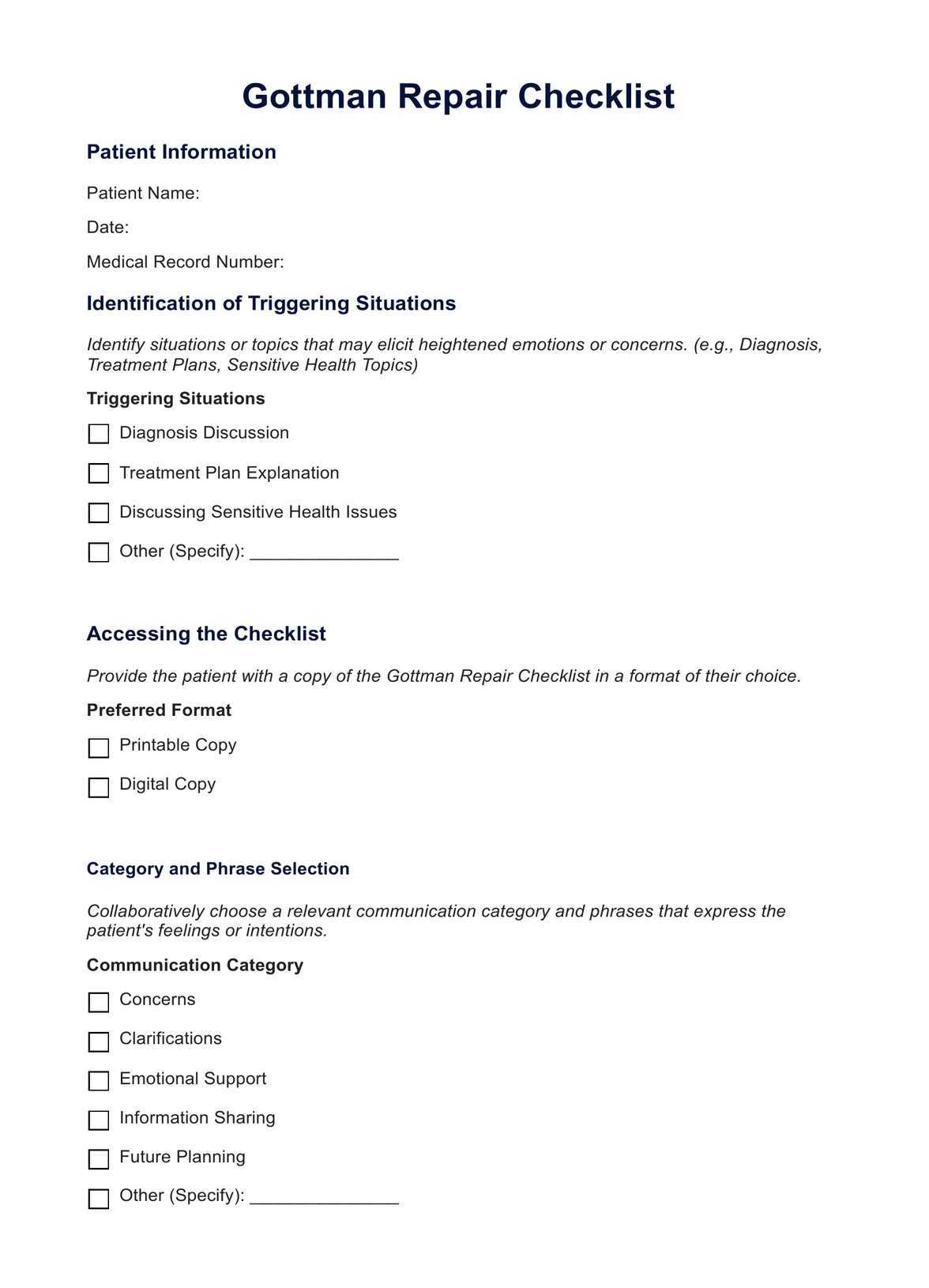 Gottman Repair Checklist PDF Example