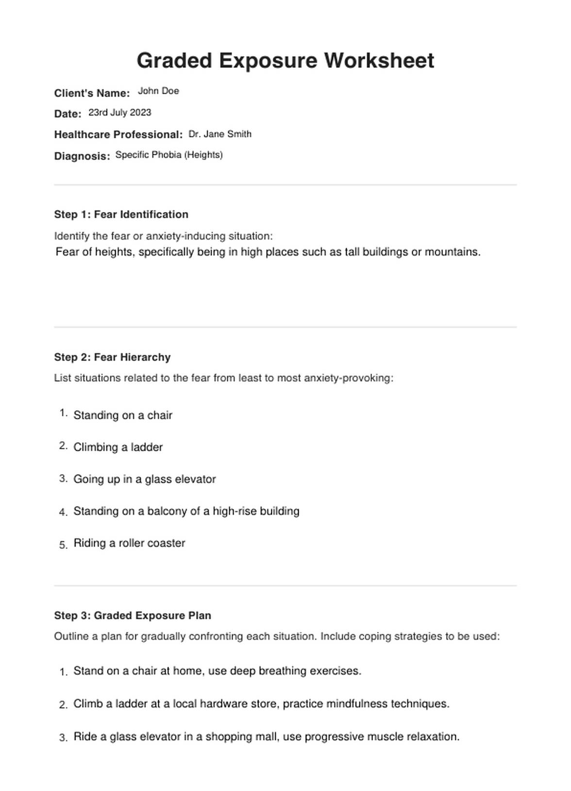 Graded Exposure Worksheet PDF Example