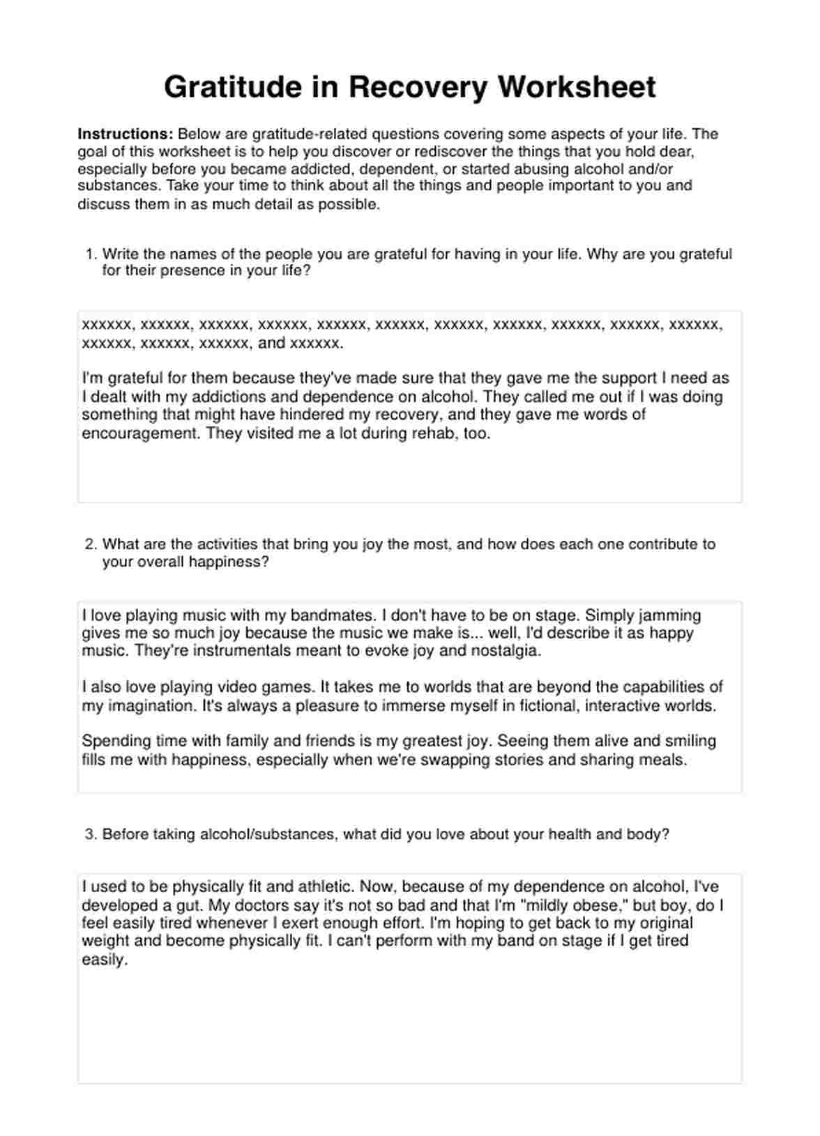 Gratitude in Recovery Worksheet PDF Example