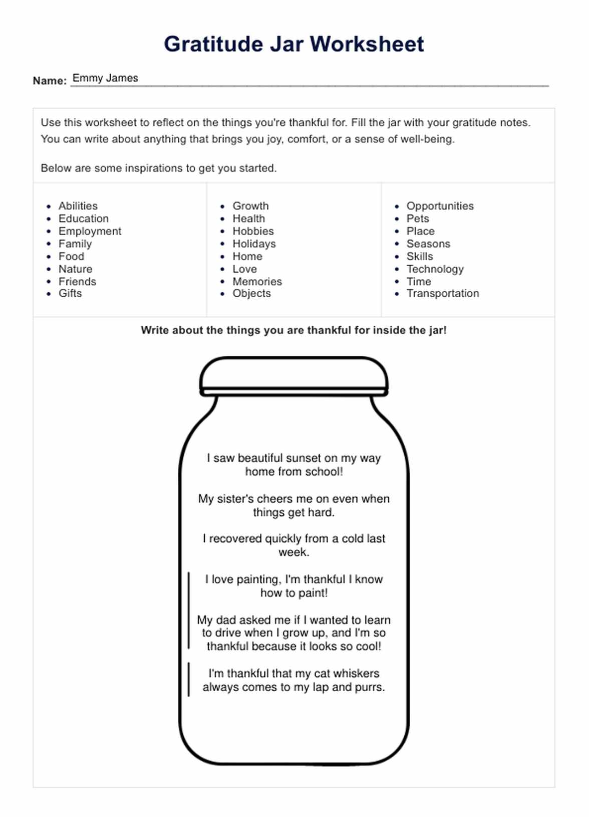 Gratitude Jar Worksheet PDF Example