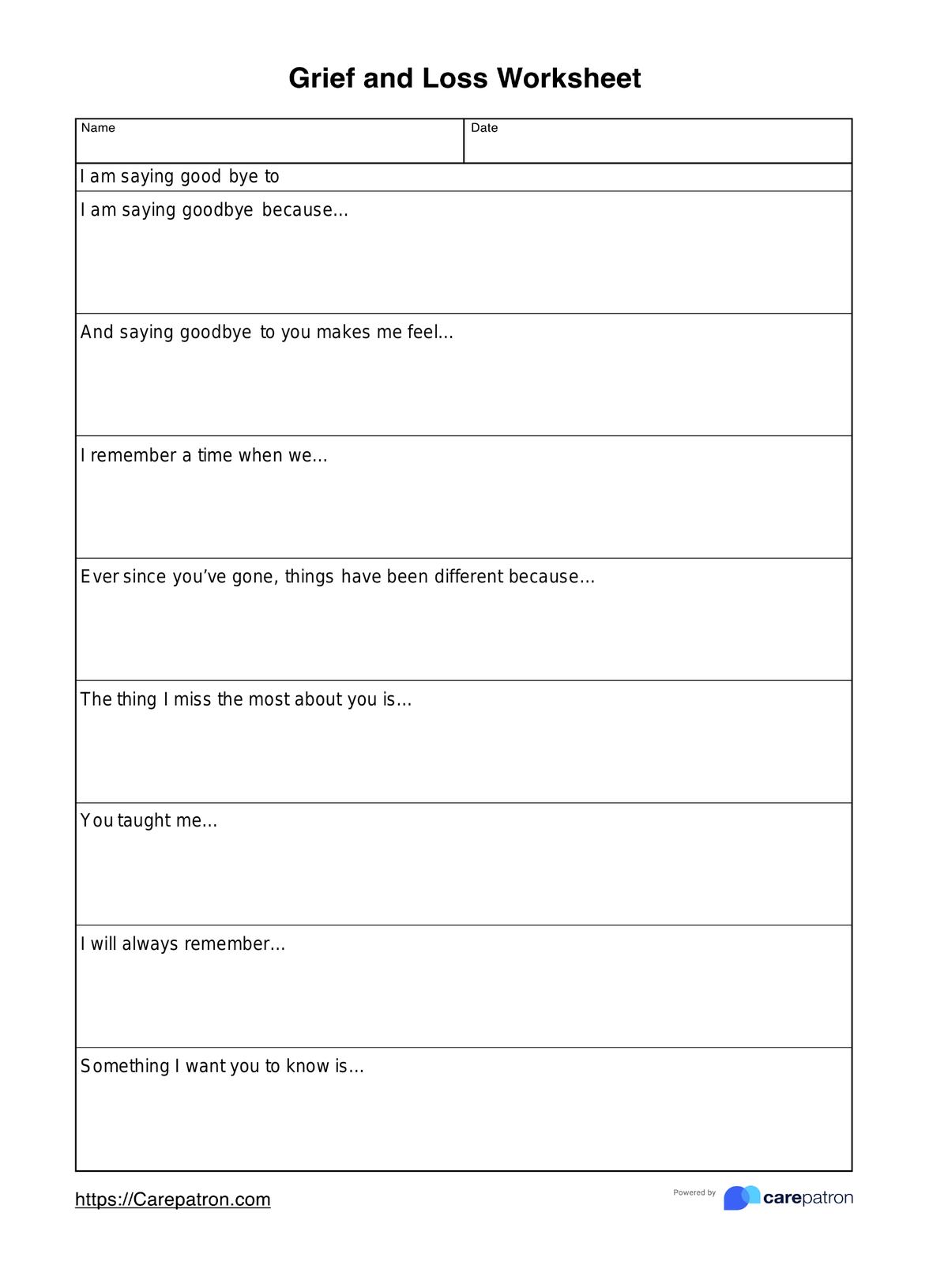 Grief and Loss Worksheet PDF Example
