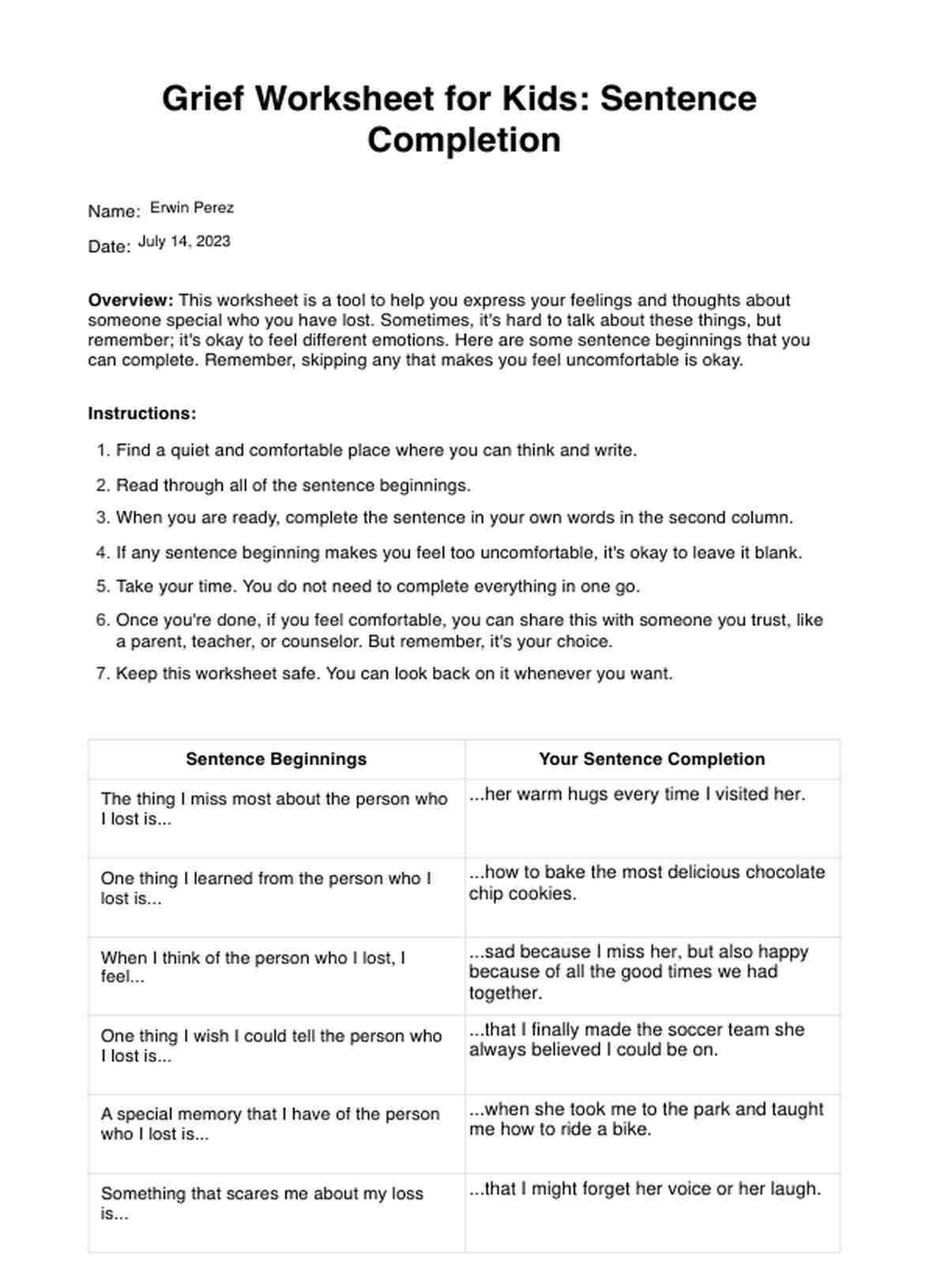 Grief Worksheet for Kids PDF Example