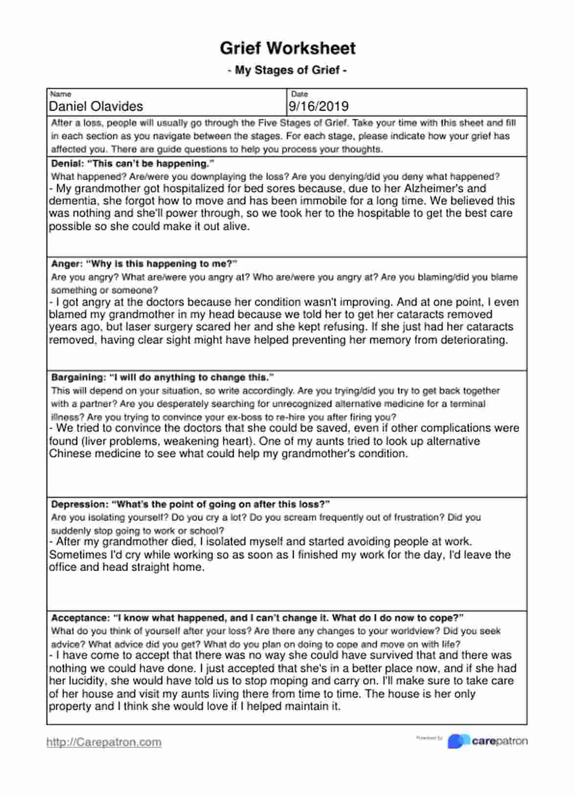 Grief Worksheets PDF Example