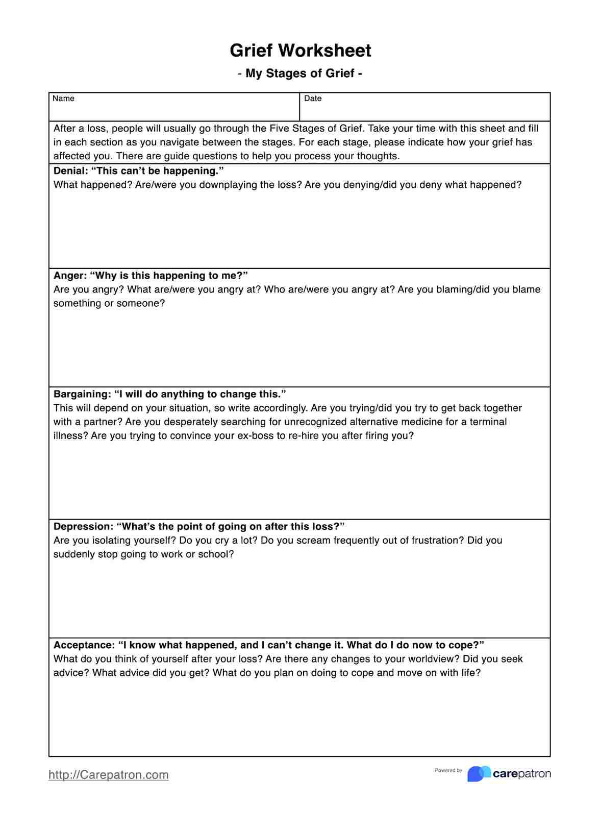 Grief Worksheets PDF Example