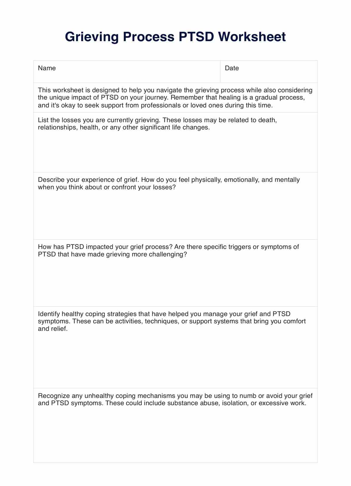 Grieving Process PTSD Worksheets PDF Example