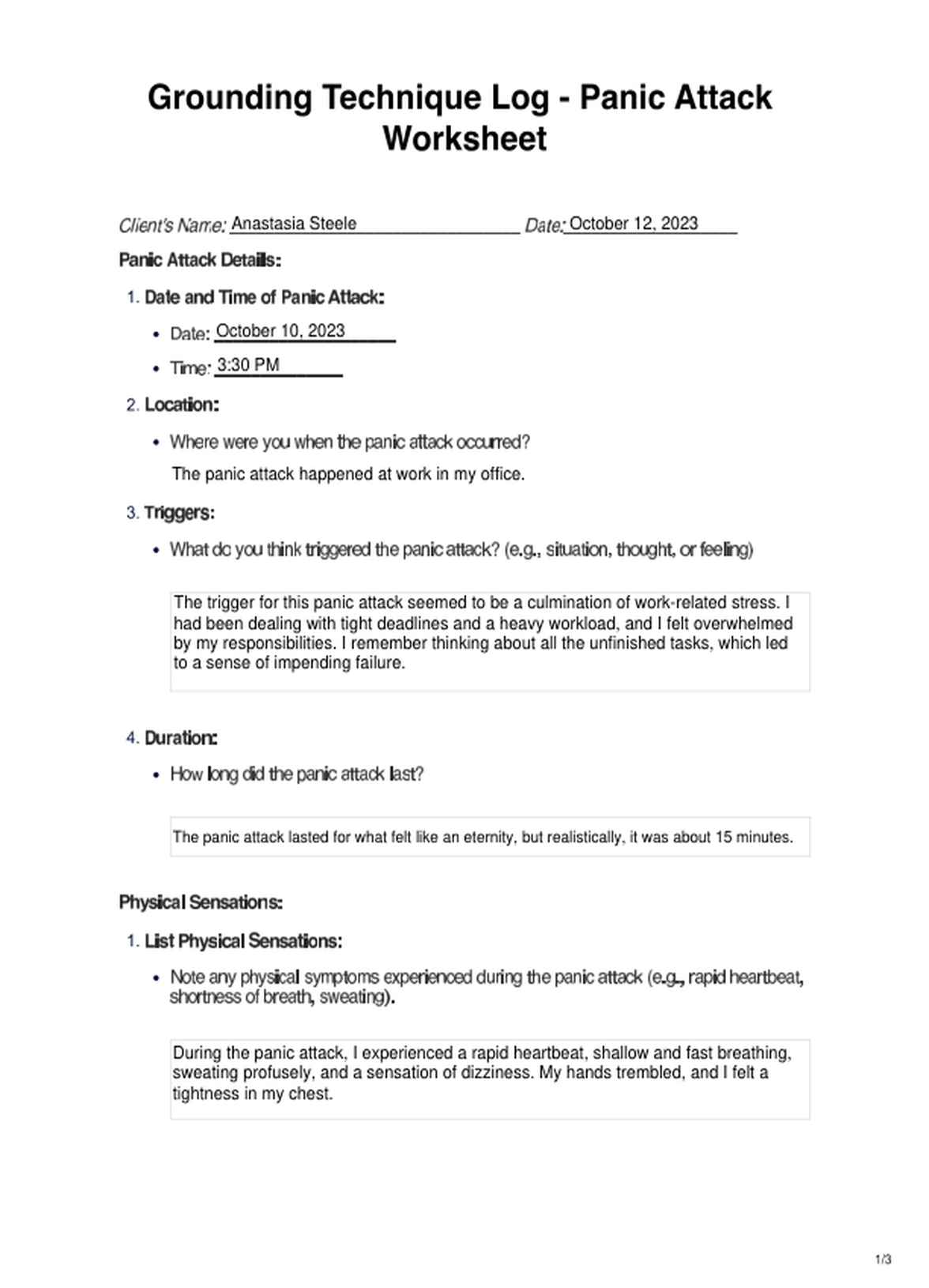 Grounding Technique Log Panic Attack Worksheet PDF Example