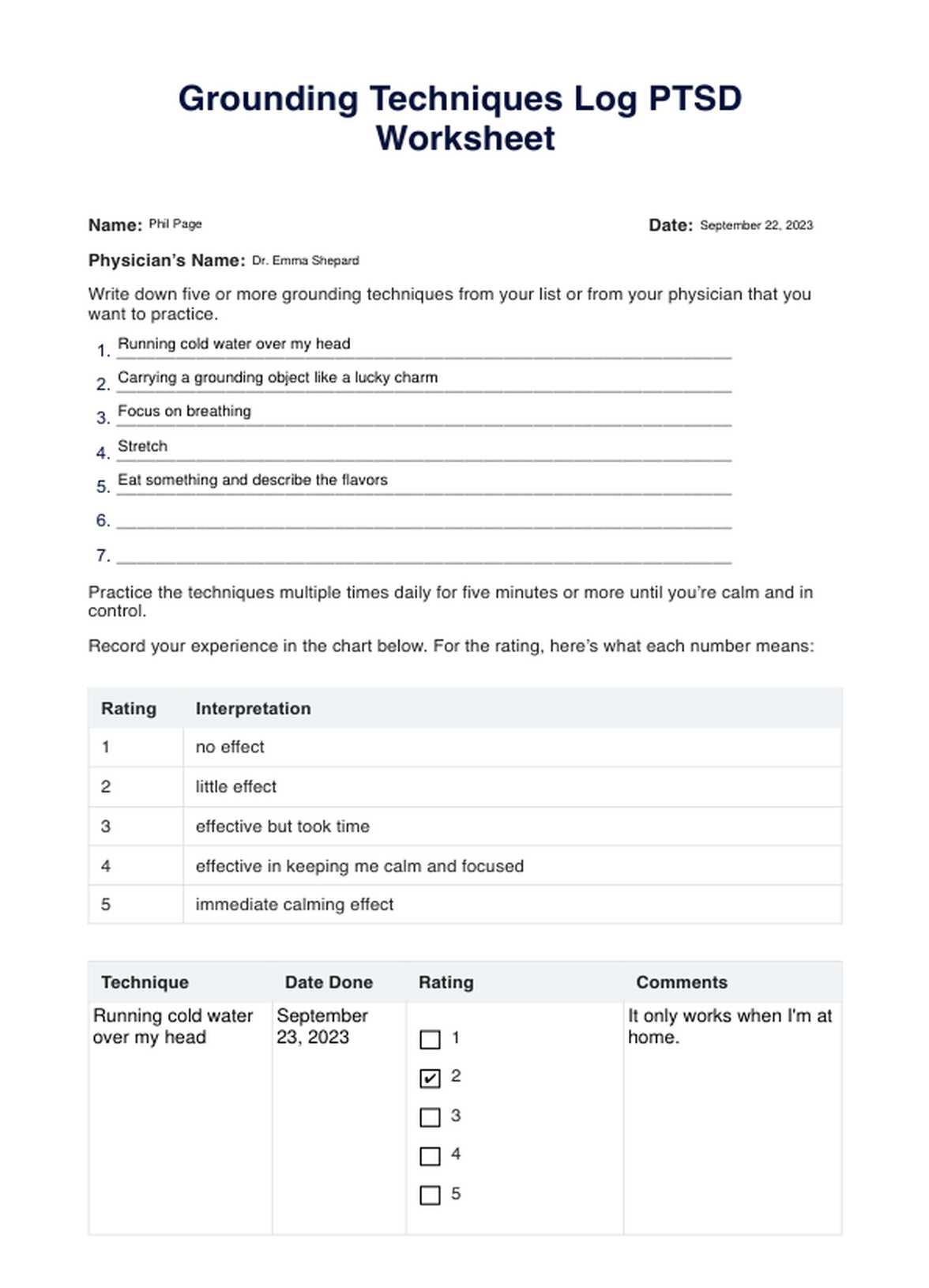 Grounding Techniques Log PTSD Worksheet PDF Example