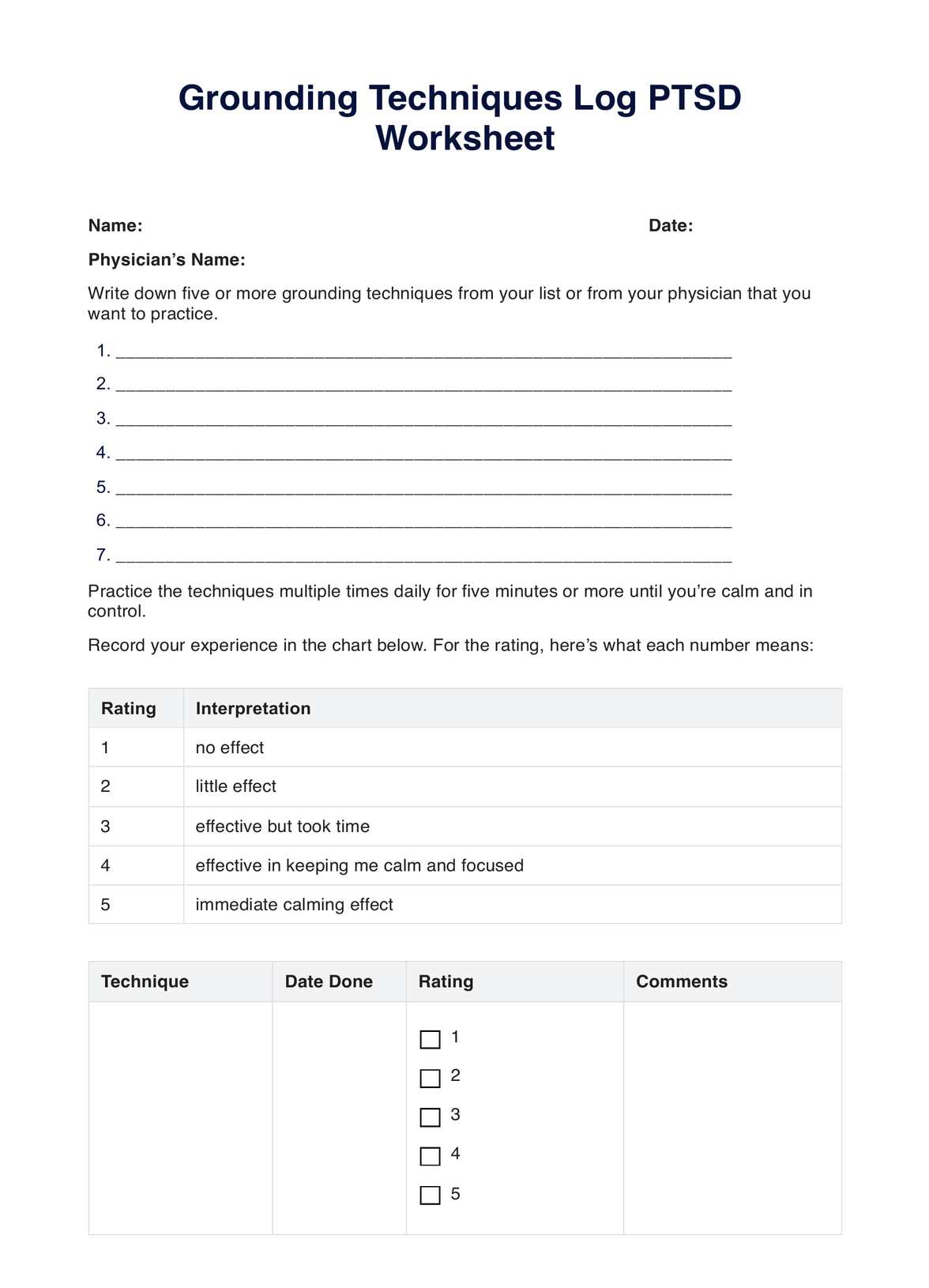Grounding Techniques Log PTSD Worksheet PDF Example