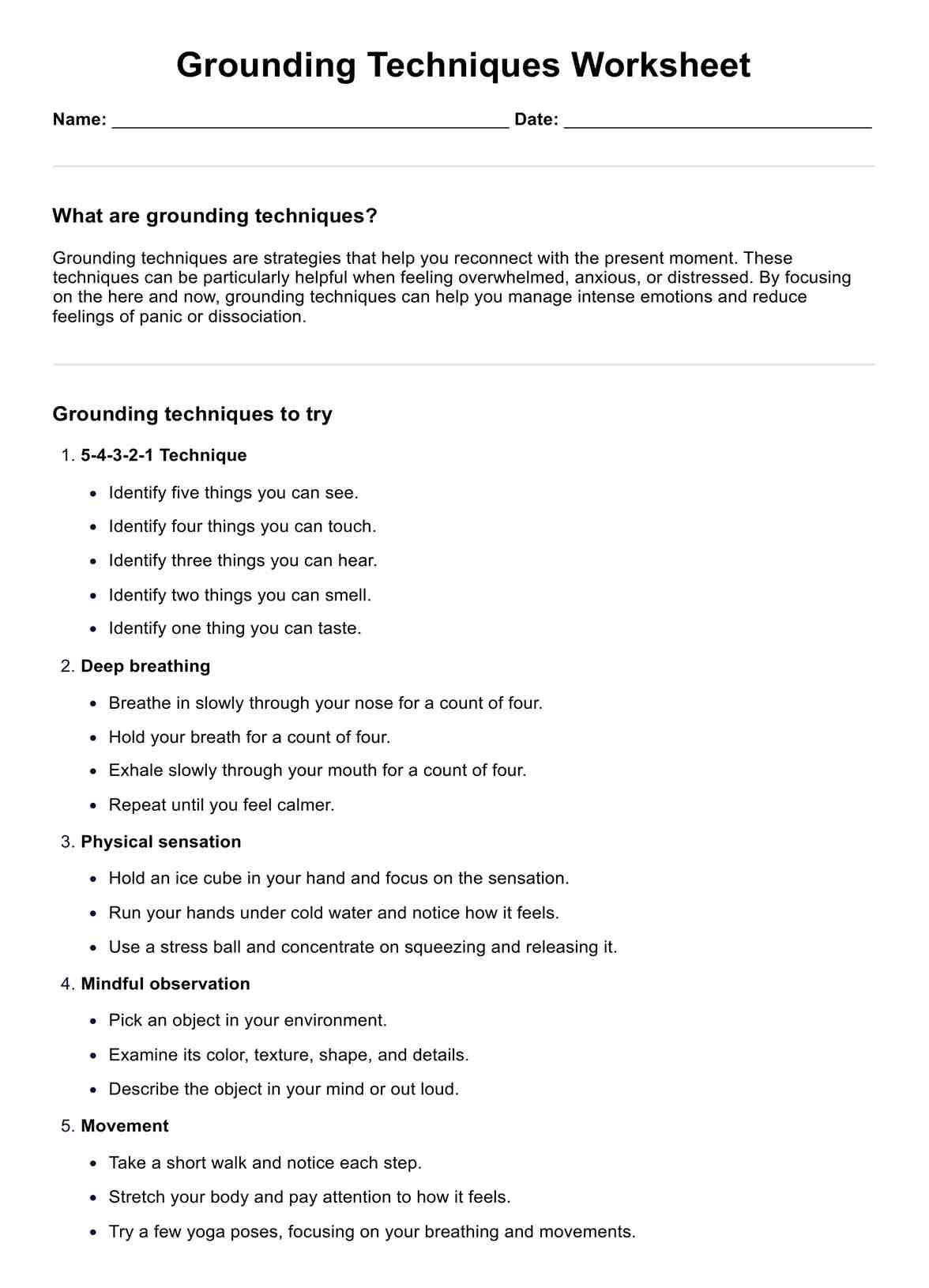 Grounding Worksheet PDF Example
