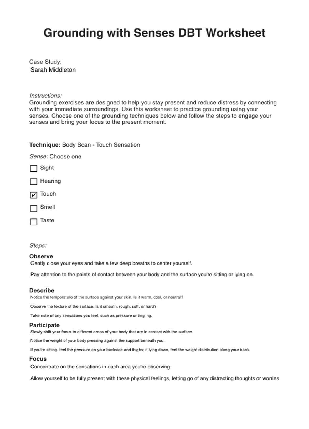 Grounding with Senses DBT Worksheet PDF Example