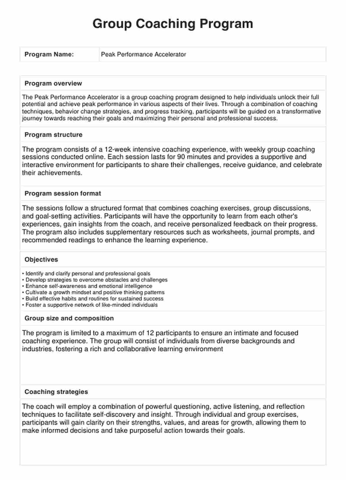 Group Coaching Program Template PDF Example