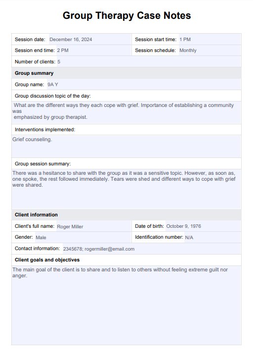 Group Therapy Case Notes Template PDF Example