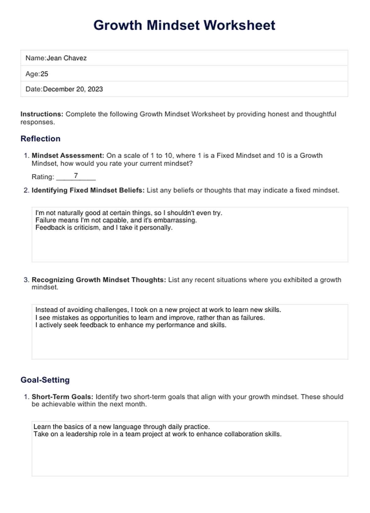 Growth Mindset Worksheet PDF Example